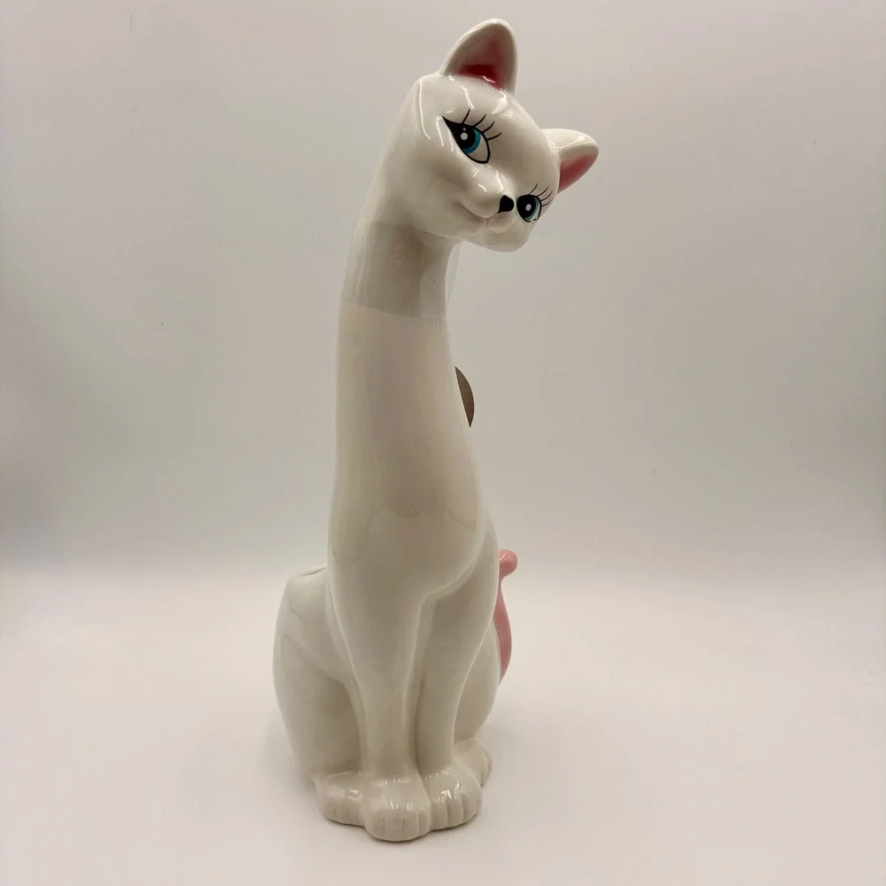 Bath & Bloom White Ceramic Long Neck Cat Toilet Brush Holder Pink Tail 17 Inch